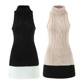 Two sleeveless knitted dresses, one black and one beige, on a white background.